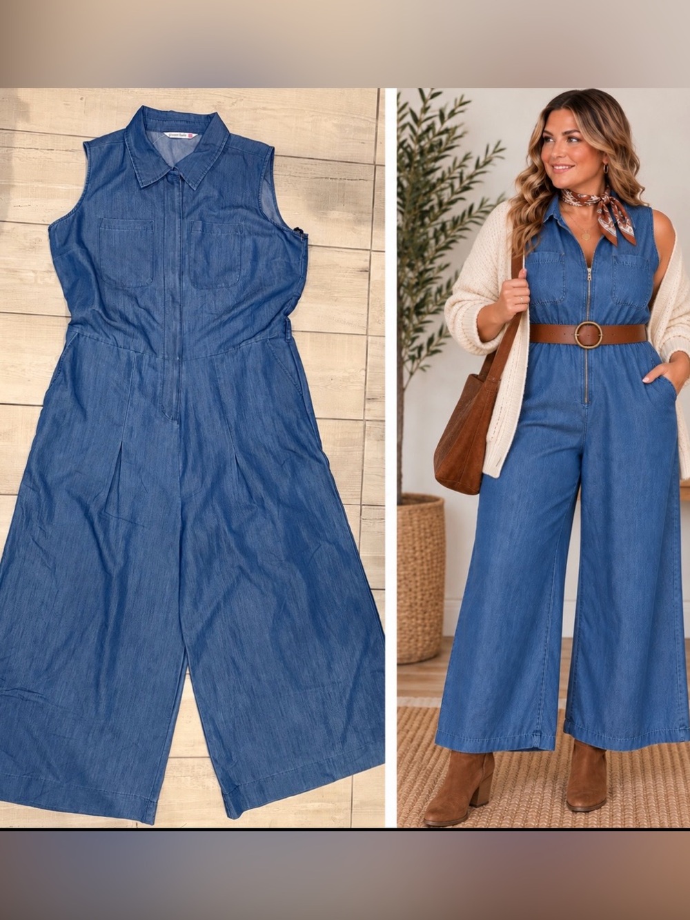 Given Kale NWT Medium Blue Denim Chambray Wide Leg Jumpsuit